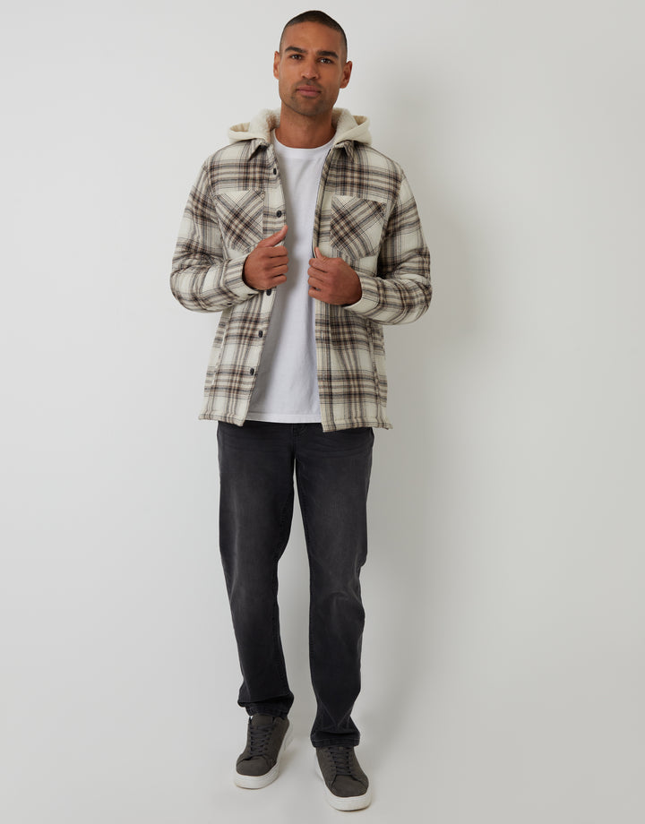 Cream Check Quilted Shacket with Borg Lined Hood