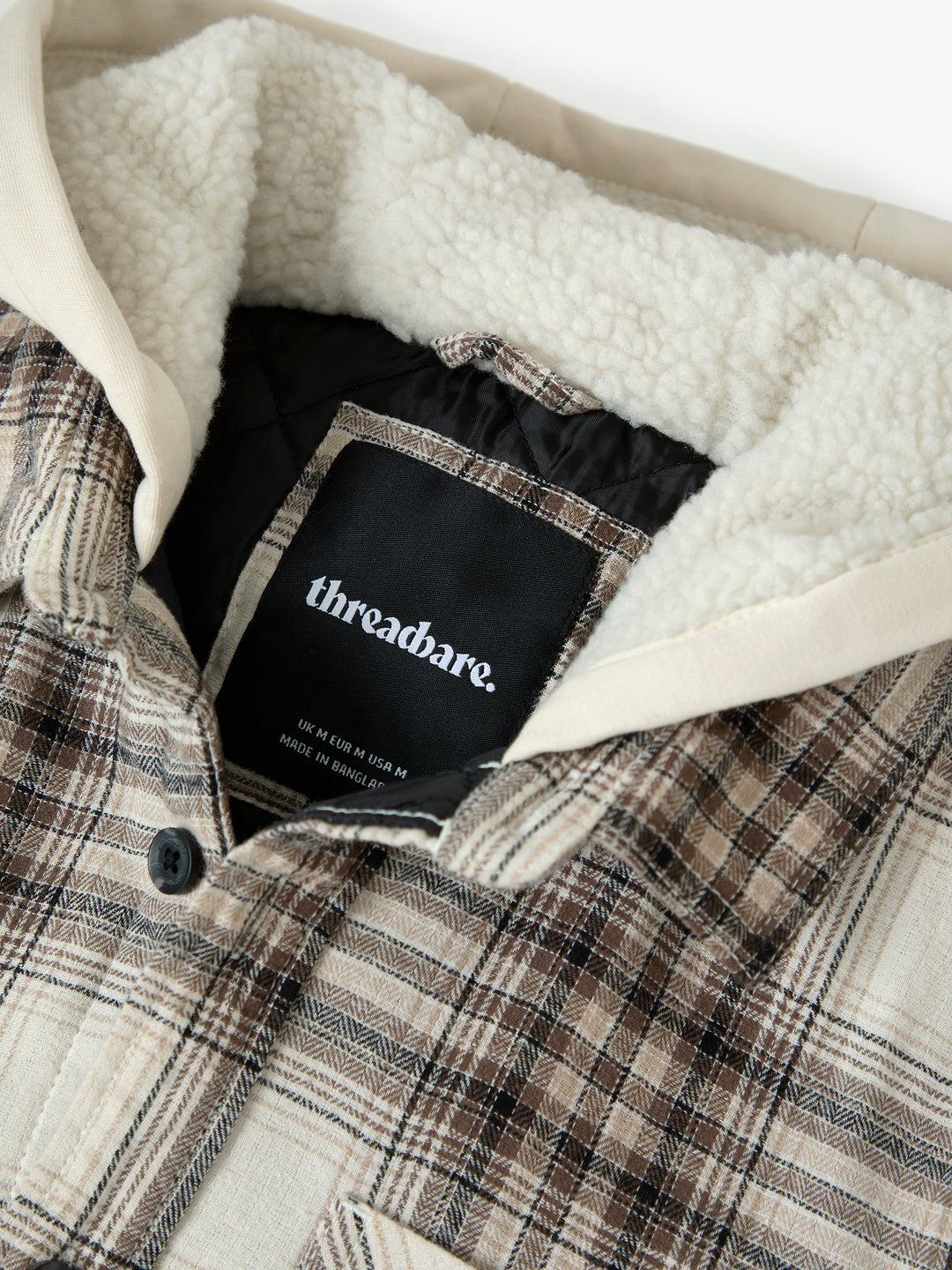 Cream Check Quilted Shacket with Borg Lined Hood