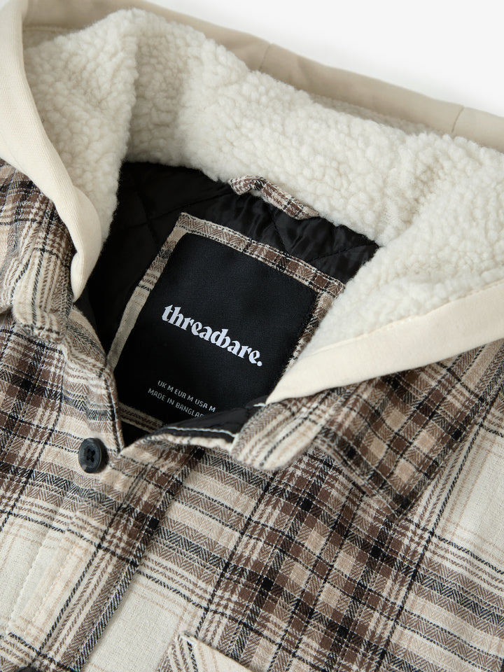 Cream Check Quilted Shacket with Borg Lined Hood