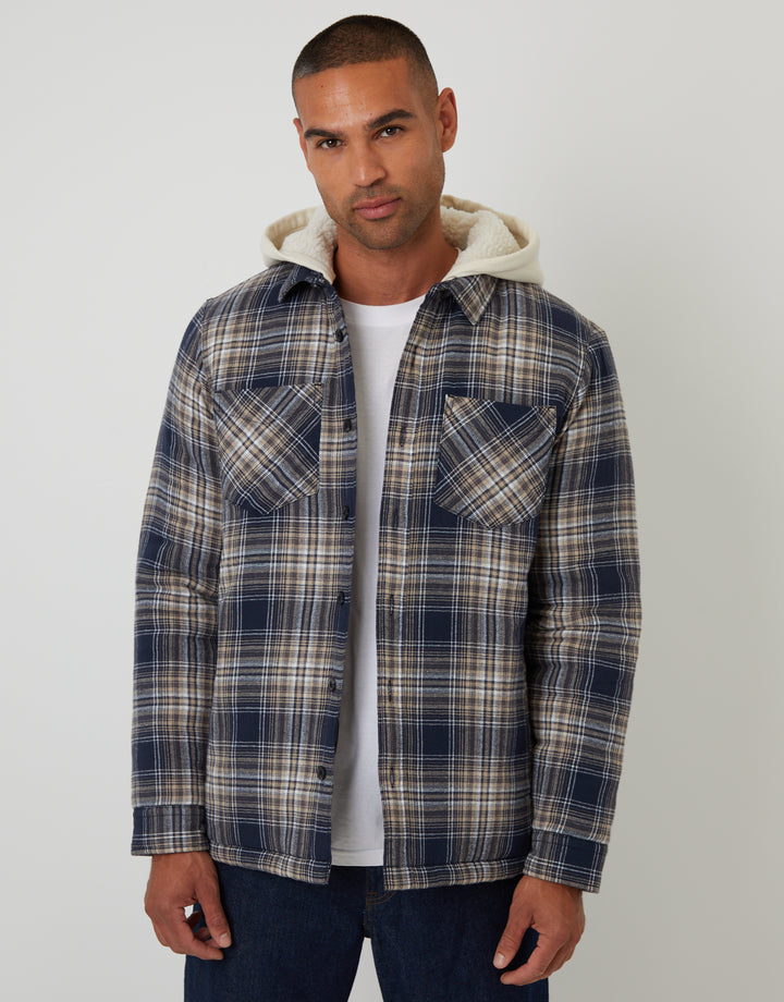 Navy Check Quilted Shacket with Borg Lined Hood