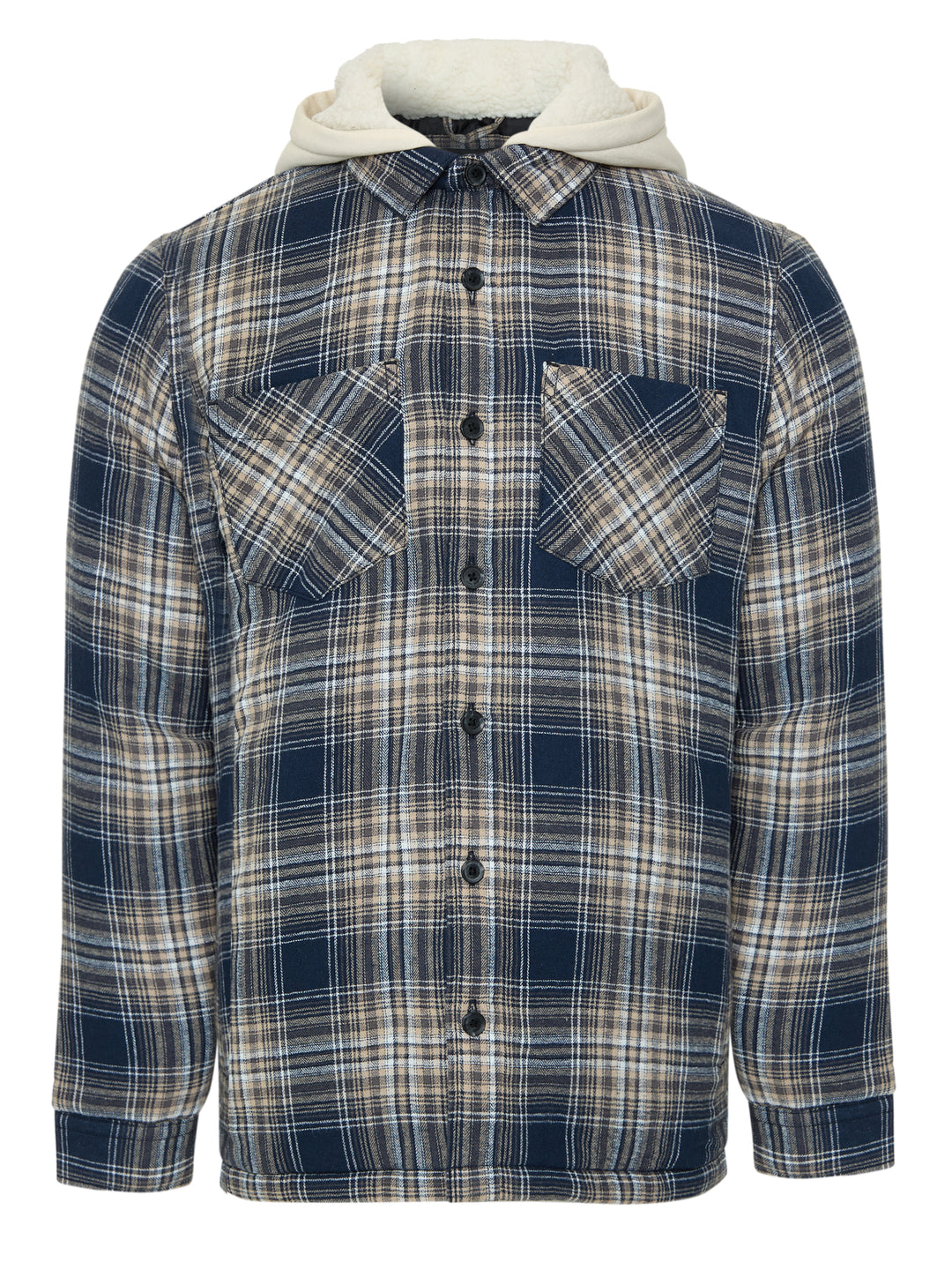 Navy Check Quilted Shacket with Borg Lined Hood