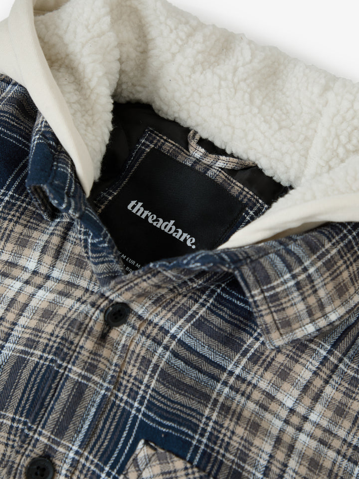 Navy Check Quilted Shacket with Borg Lined Hood