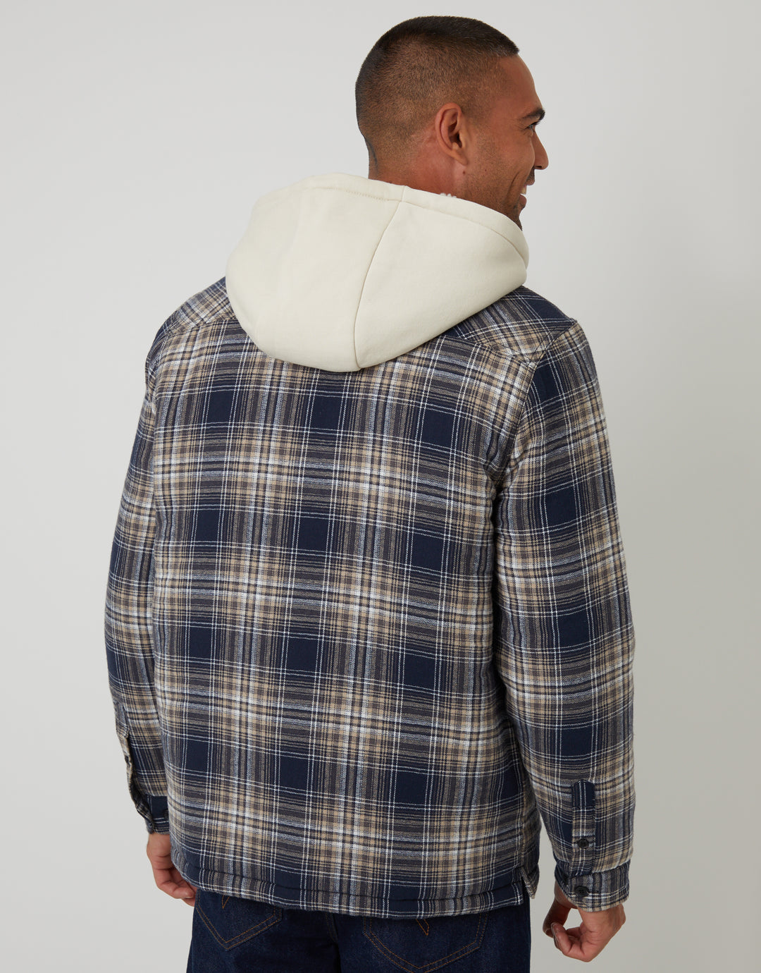 Navy Check Quilted Shacket with Borg Lined Hood