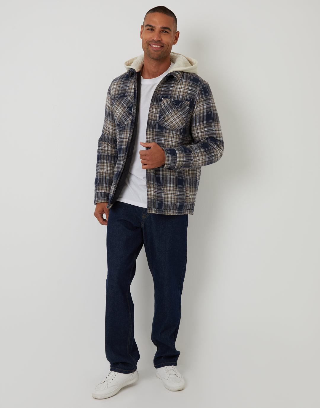 Navy Check Quilted Shacket with Borg Lined Hood