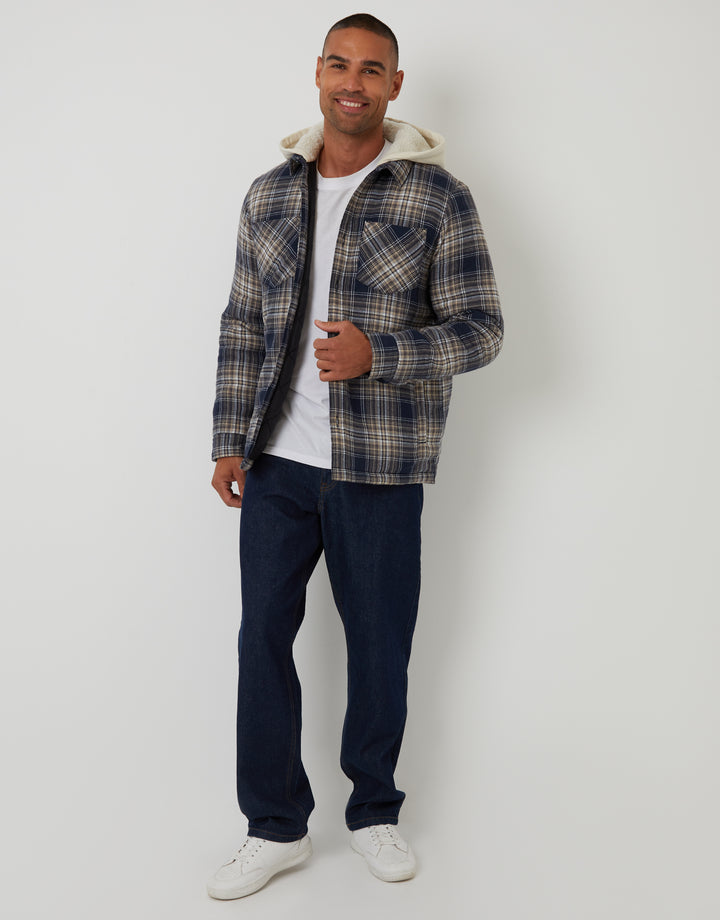 Navy Check Quilted Shacket with Borg Lined Hood
