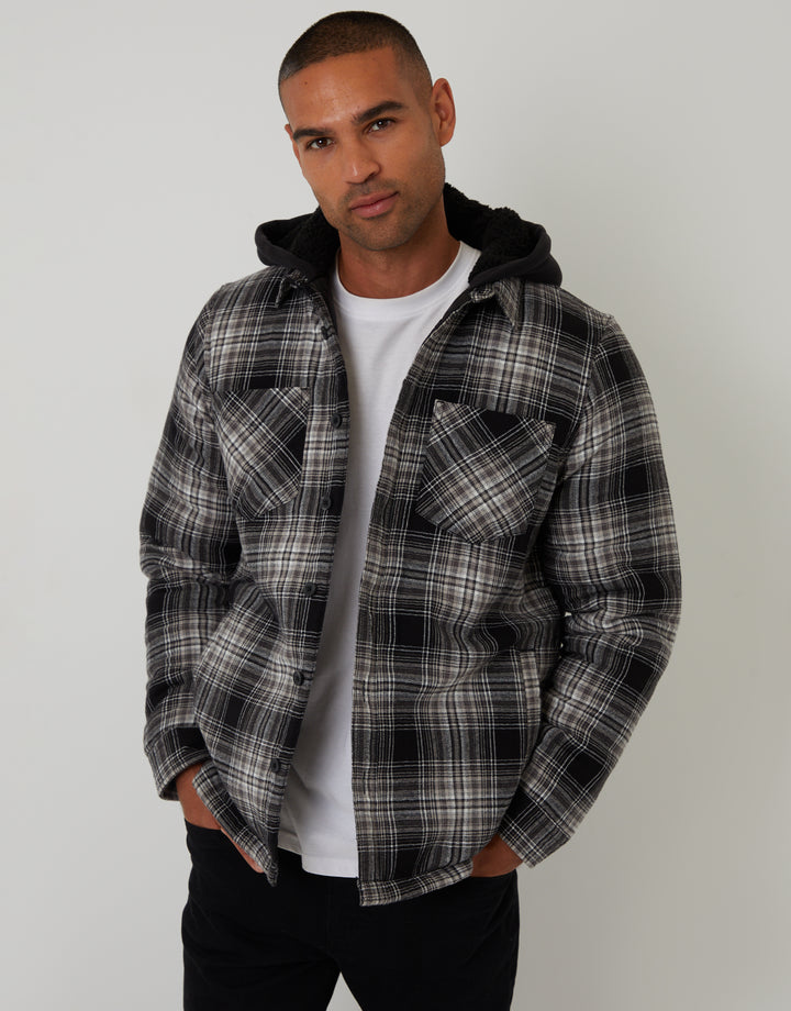 Quilted Shacket with Borg Lined Hood in Black Check