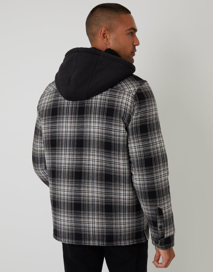Quilted Shacket with Borg Lined Hood in Black Check