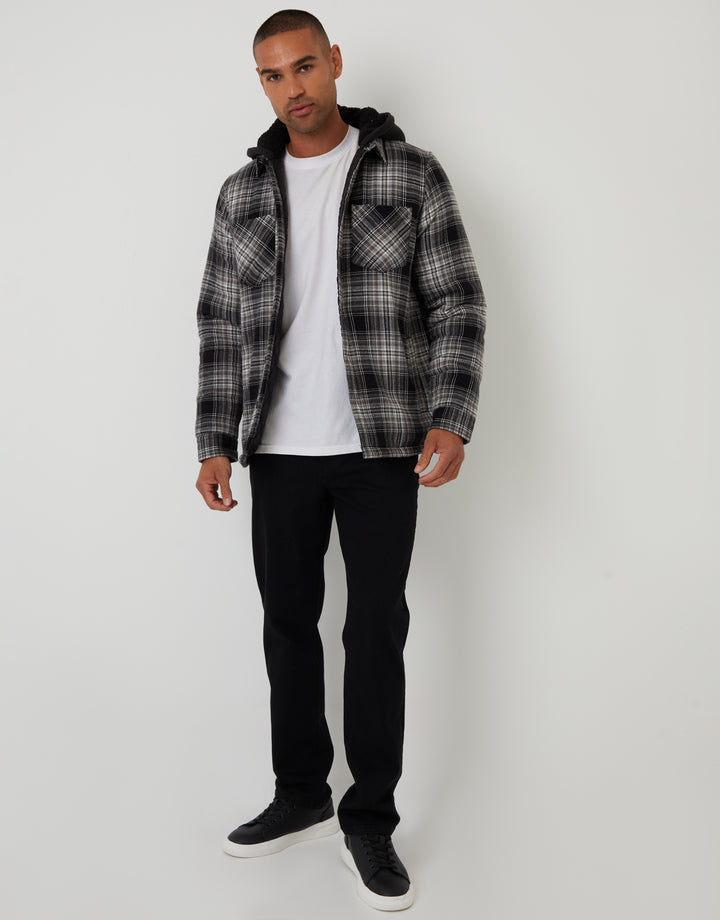 Quilted Shacket with Borg Lined Hood in Black Check