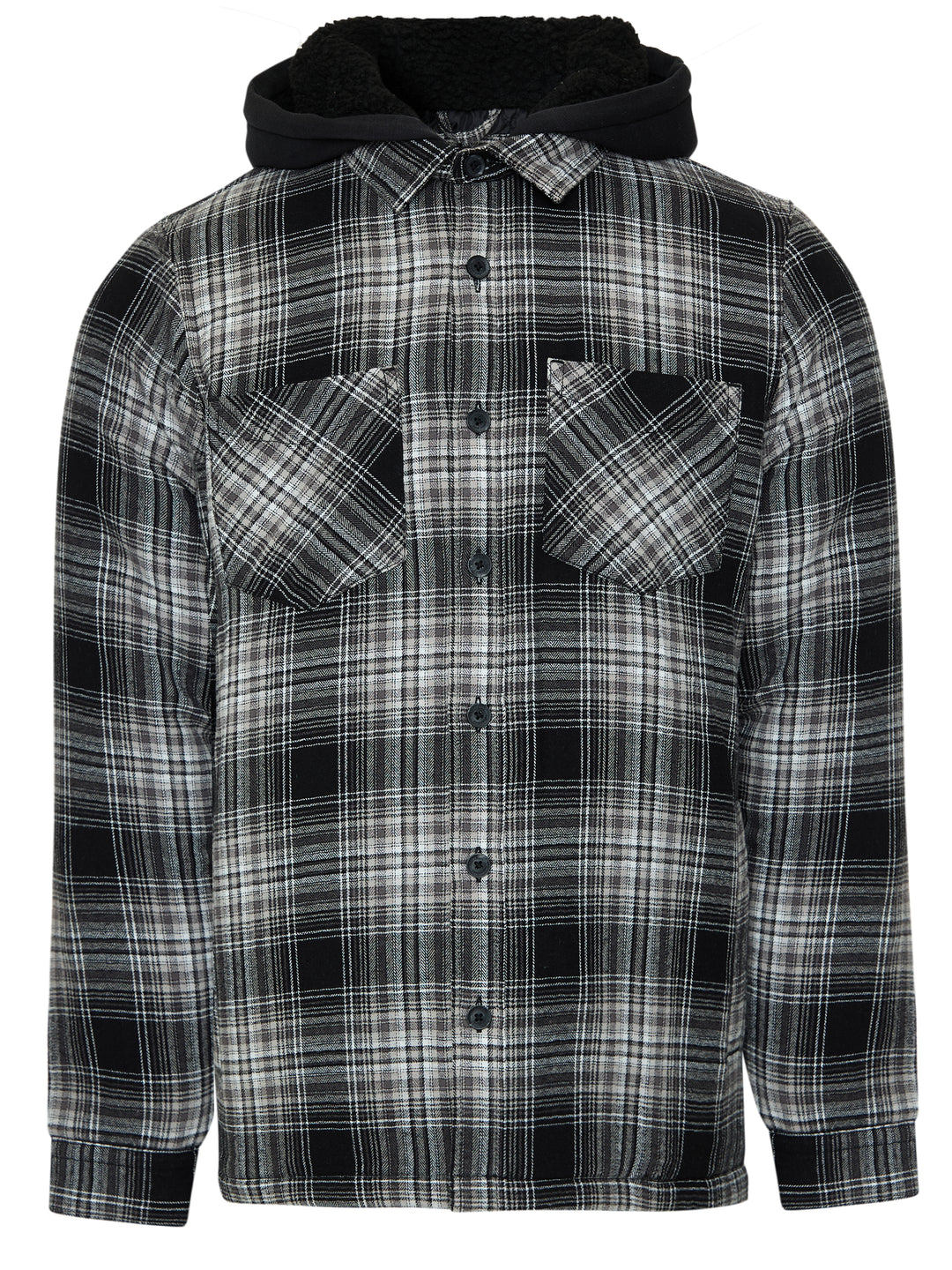 Quilted Shacket with Borg Lined Hood in Black Check