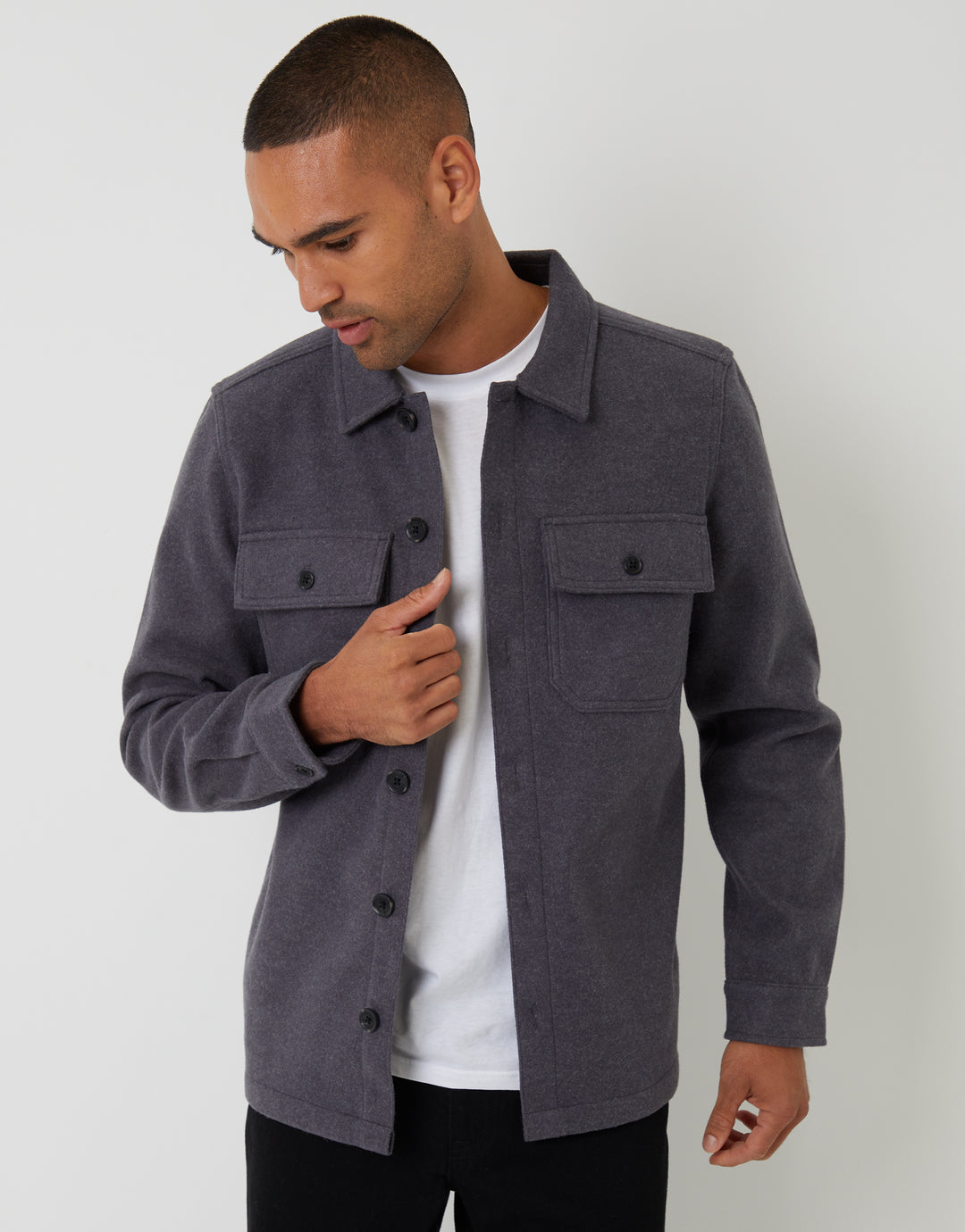 Threadbare Men's Charcoal Grey Faux Wool Button Up Shacket