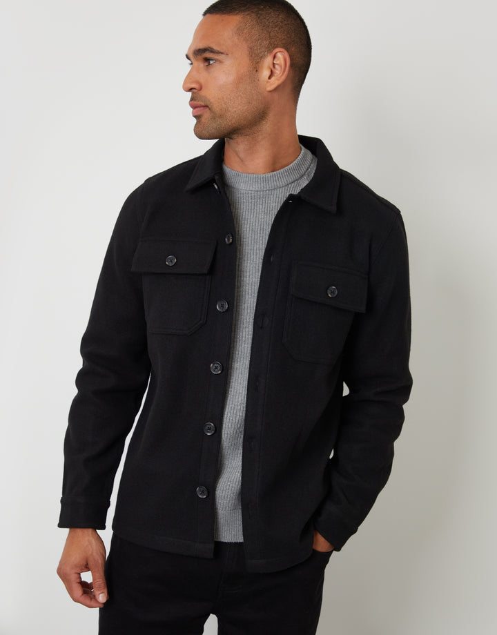 Black Faux Wool Button Up Shacket