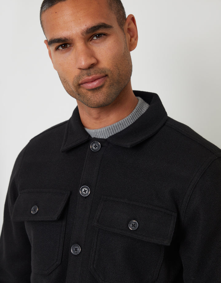 Black Faux Wool Button Up Shacket