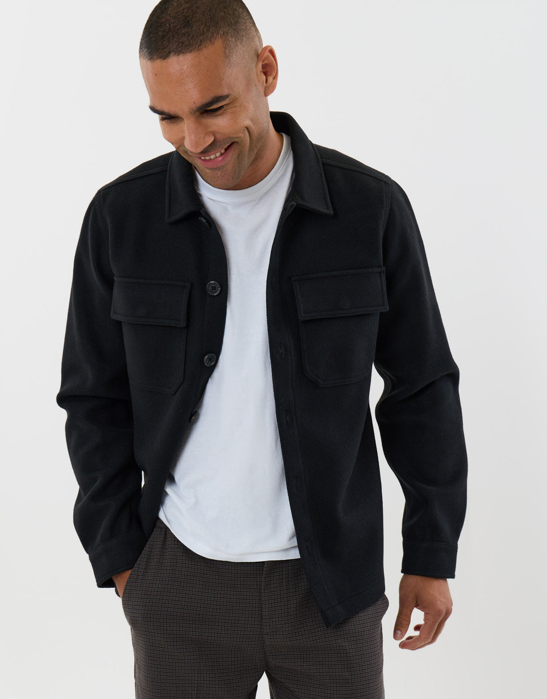 Threadbare Faux Wool Button Up Shacket in Black - front view open