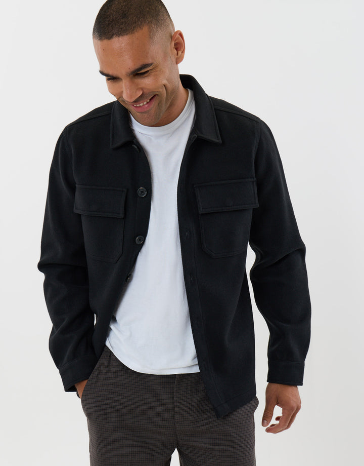 Threadbare Faux Wool Button Up Shacket in Black - front view open