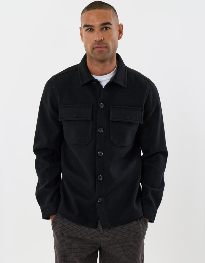 Threadbare Faux Wool Button Up Shacket in Black - front view