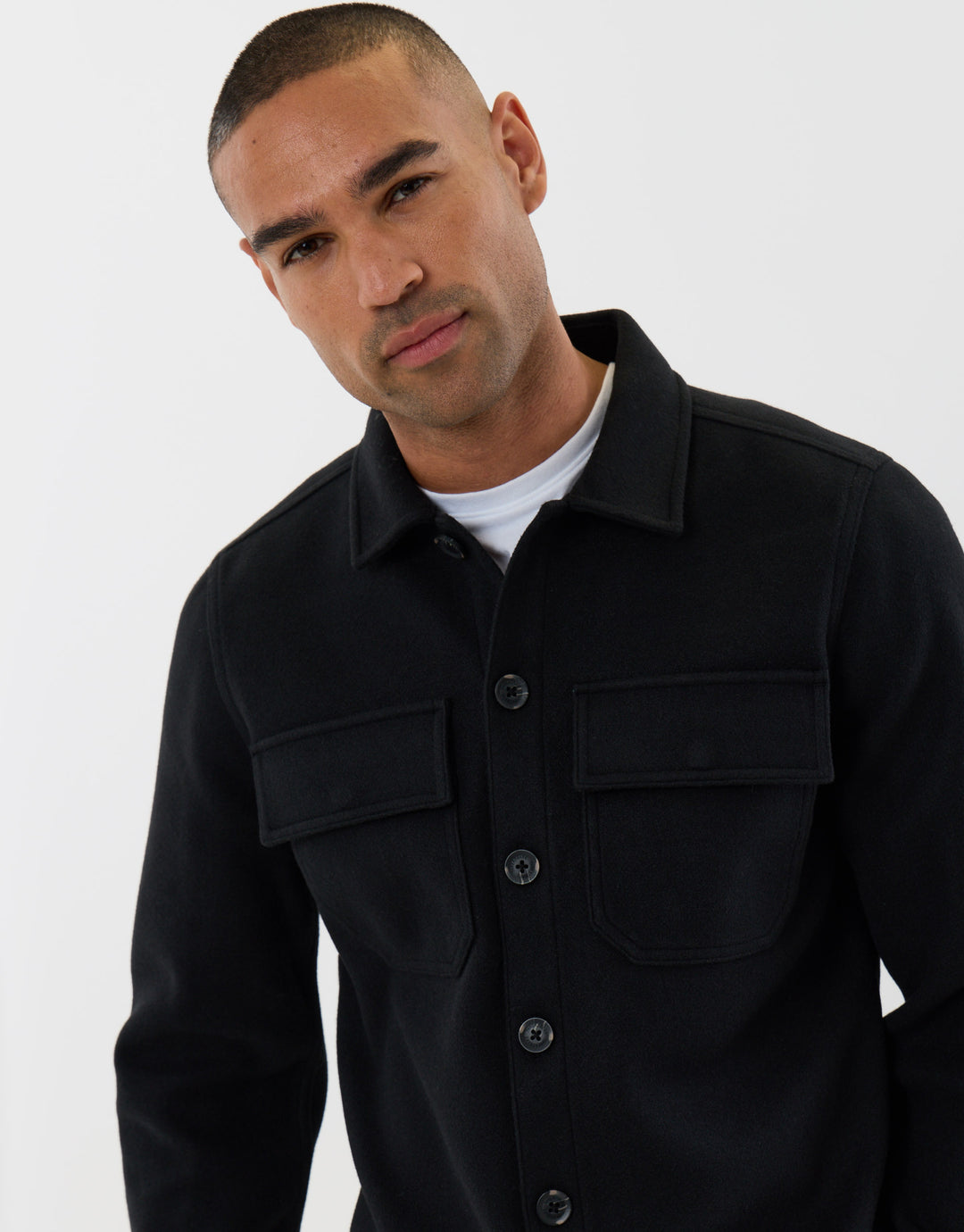 Threadbare Faux Wool Button Up Shacket in Black - close up