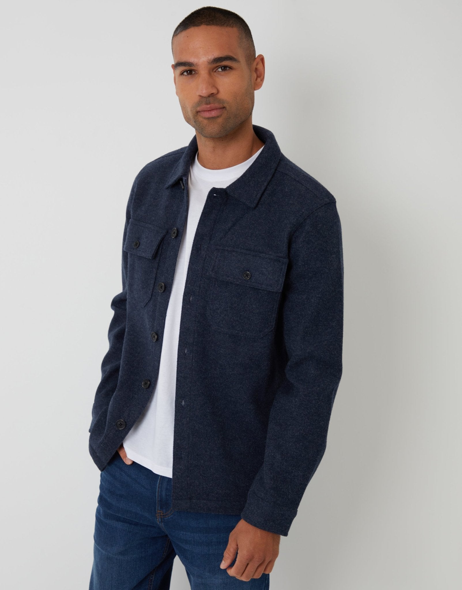 Threadbare Men's Faux Wool Button Up Shacket in Navy