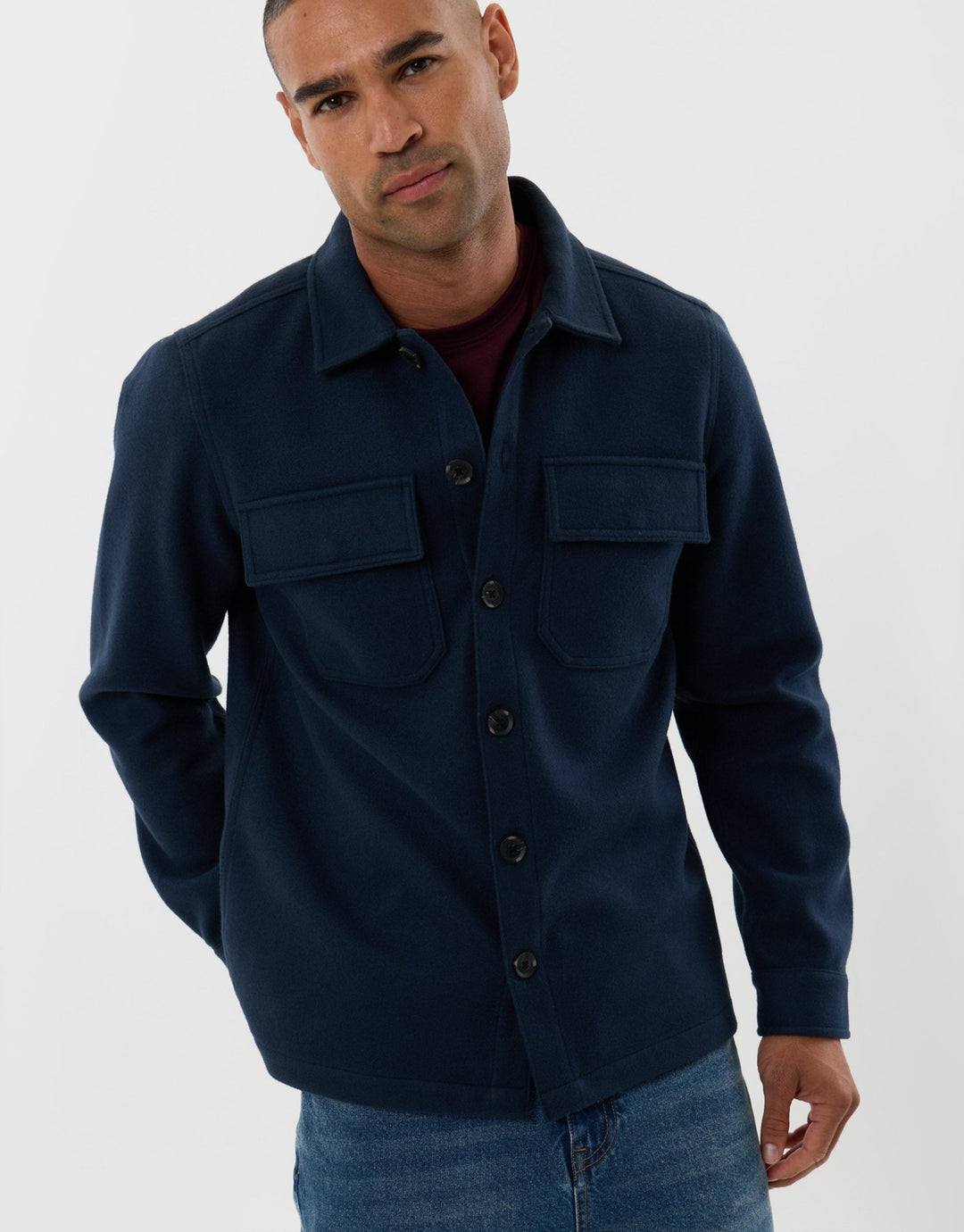 Threadbare Faux Wool Button Up Shacket in Navy - front view pose