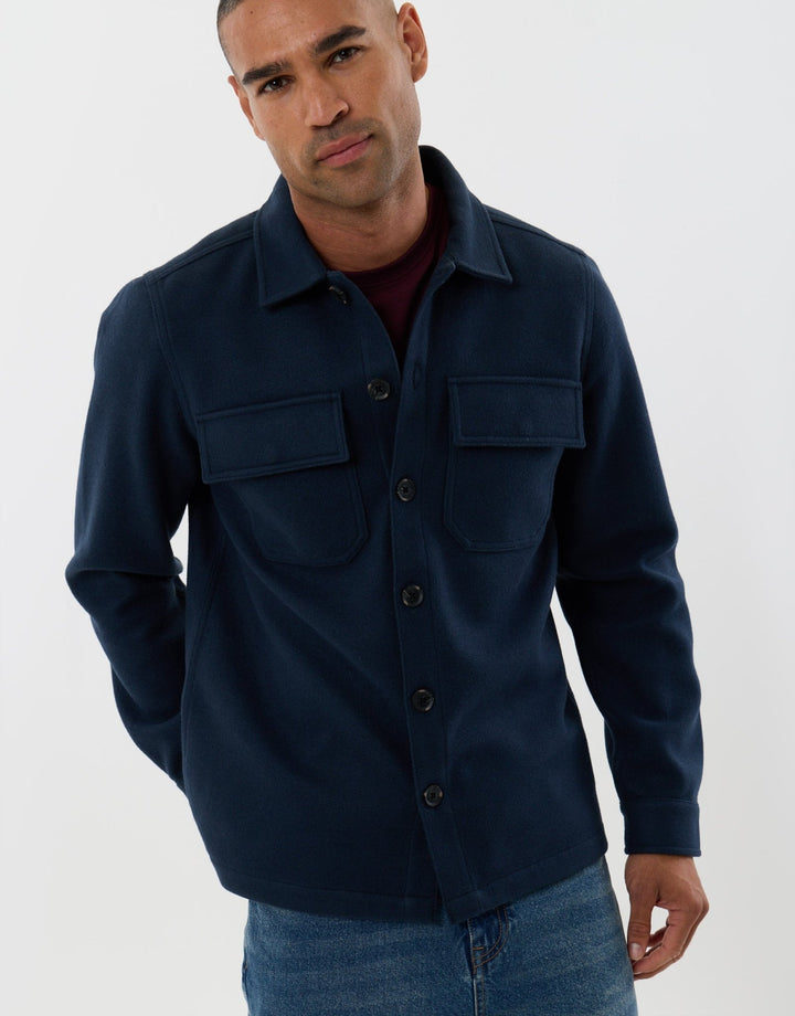 Threadbare Faux Wool Button Up Shacket in Navy - front view pose