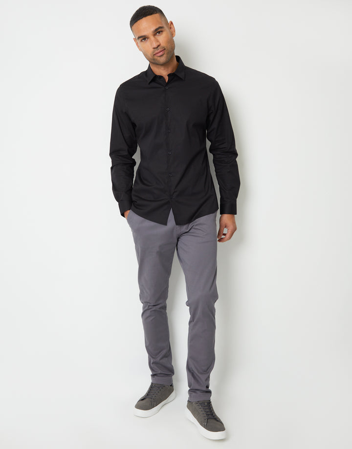 Black Stretch Cotton Poplin Slim Fit Long Sleeve Shirt