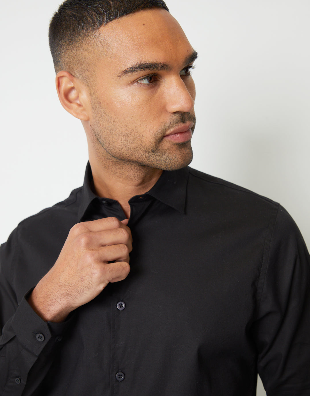 Black Stretch Cotton Poplin Slim Fit Long Sleeve Shirt