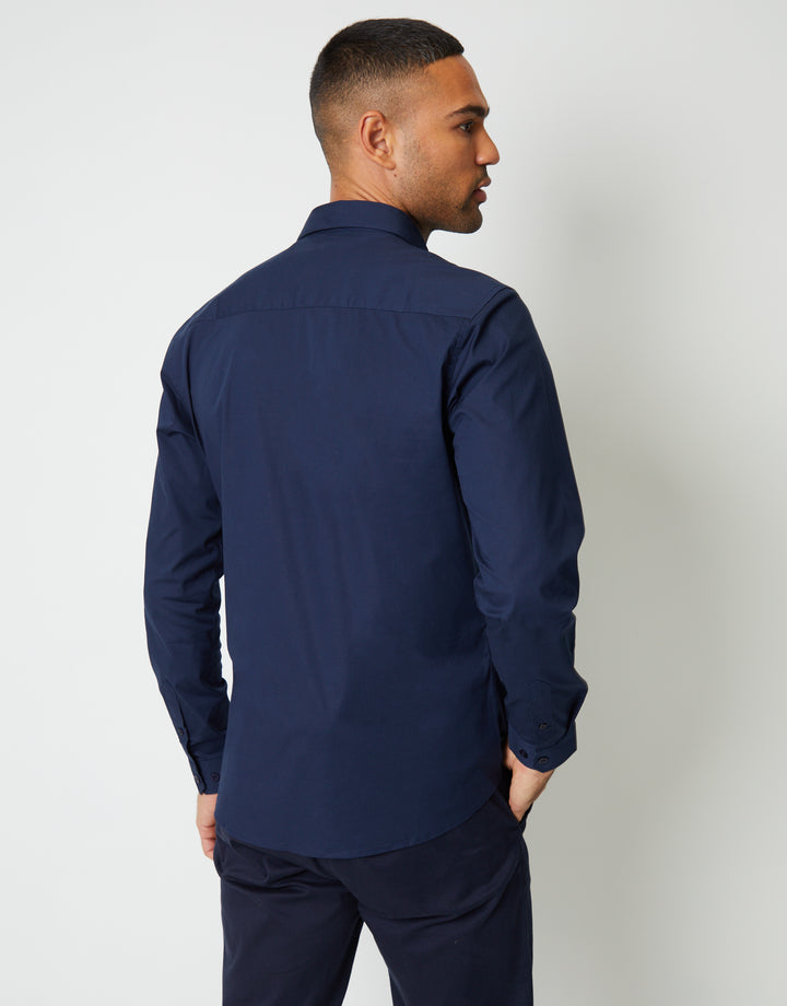 Navy Stretch Cotton Poplin Slim Fit Long Sleeve Shirt