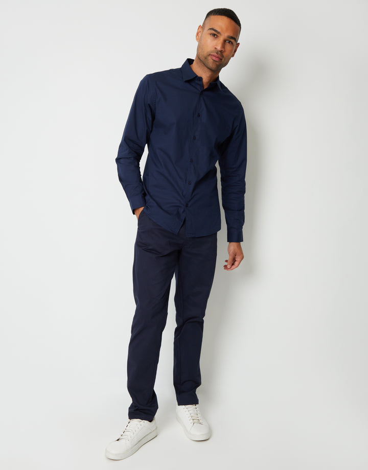 Navy Stretch Cotton Poplin Slim Fit Long Sleeve Shirt