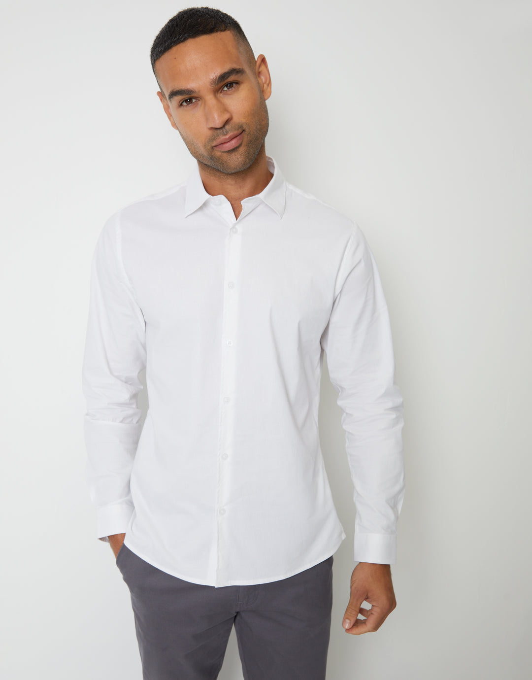 White Stretch Cotton Poplin Slim Fit Long Sleeve Shirt