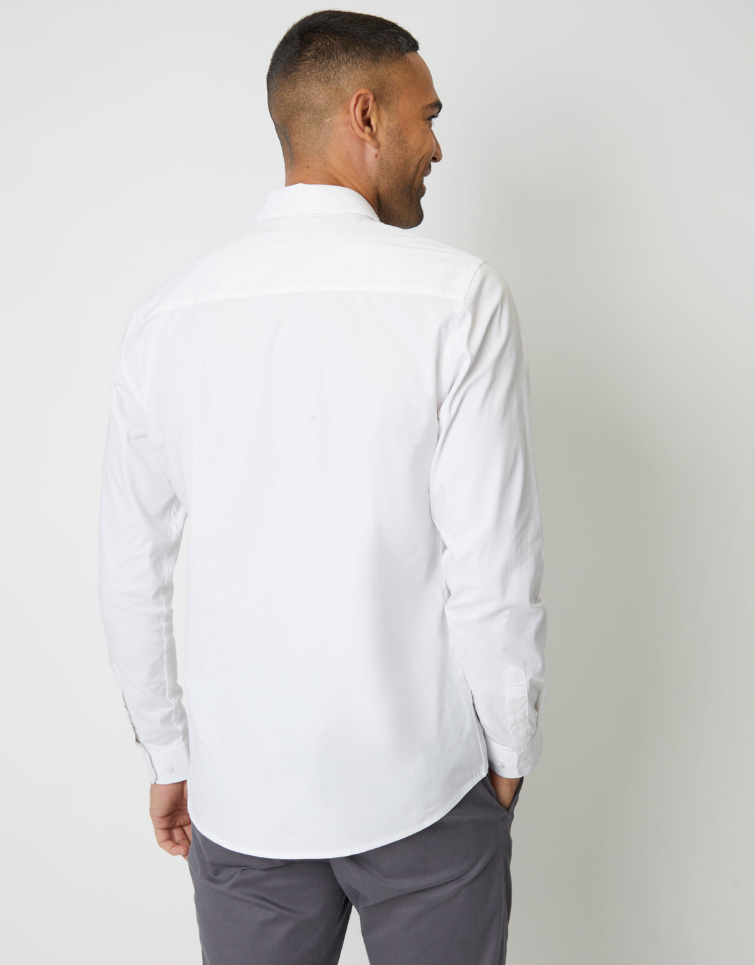 White Stretch Cotton Poplin Slim Fit Long Sleeve Shirt