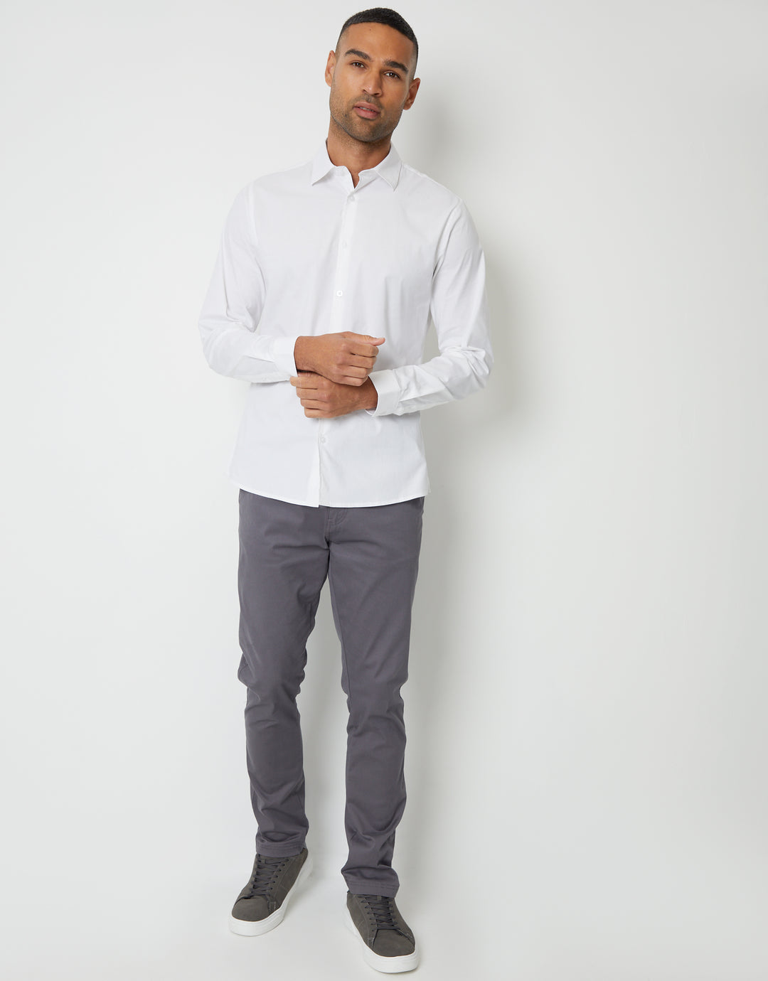 White Stretch Cotton Poplin Slim Fit Long Sleeve Shirt