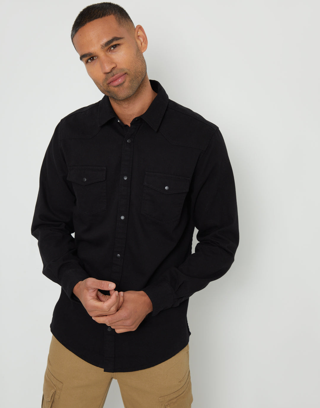 Black Cotton Popper Closure Long Sleeve Shirt