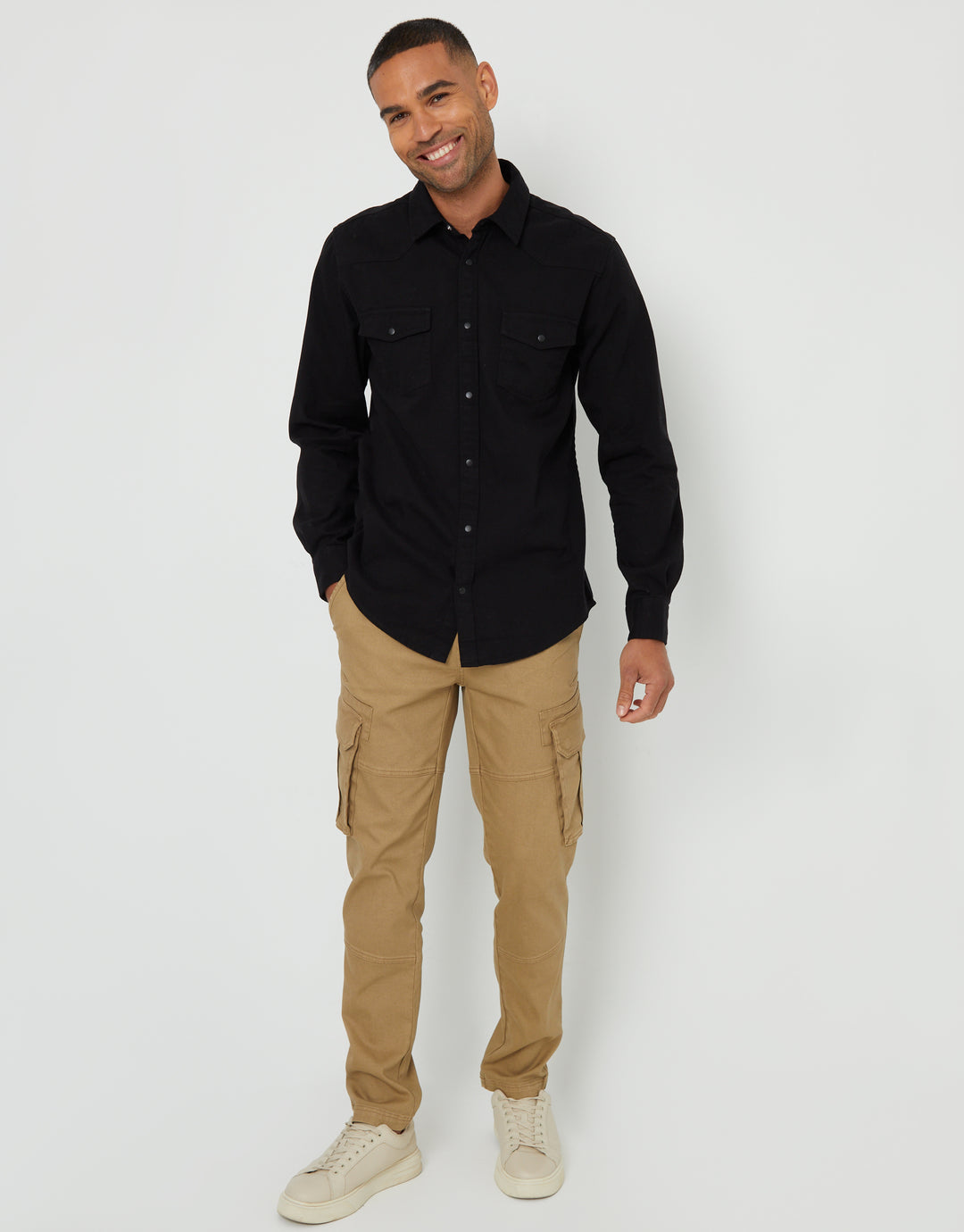 Black Cotton Popper Closure Long Sleeve Shirt