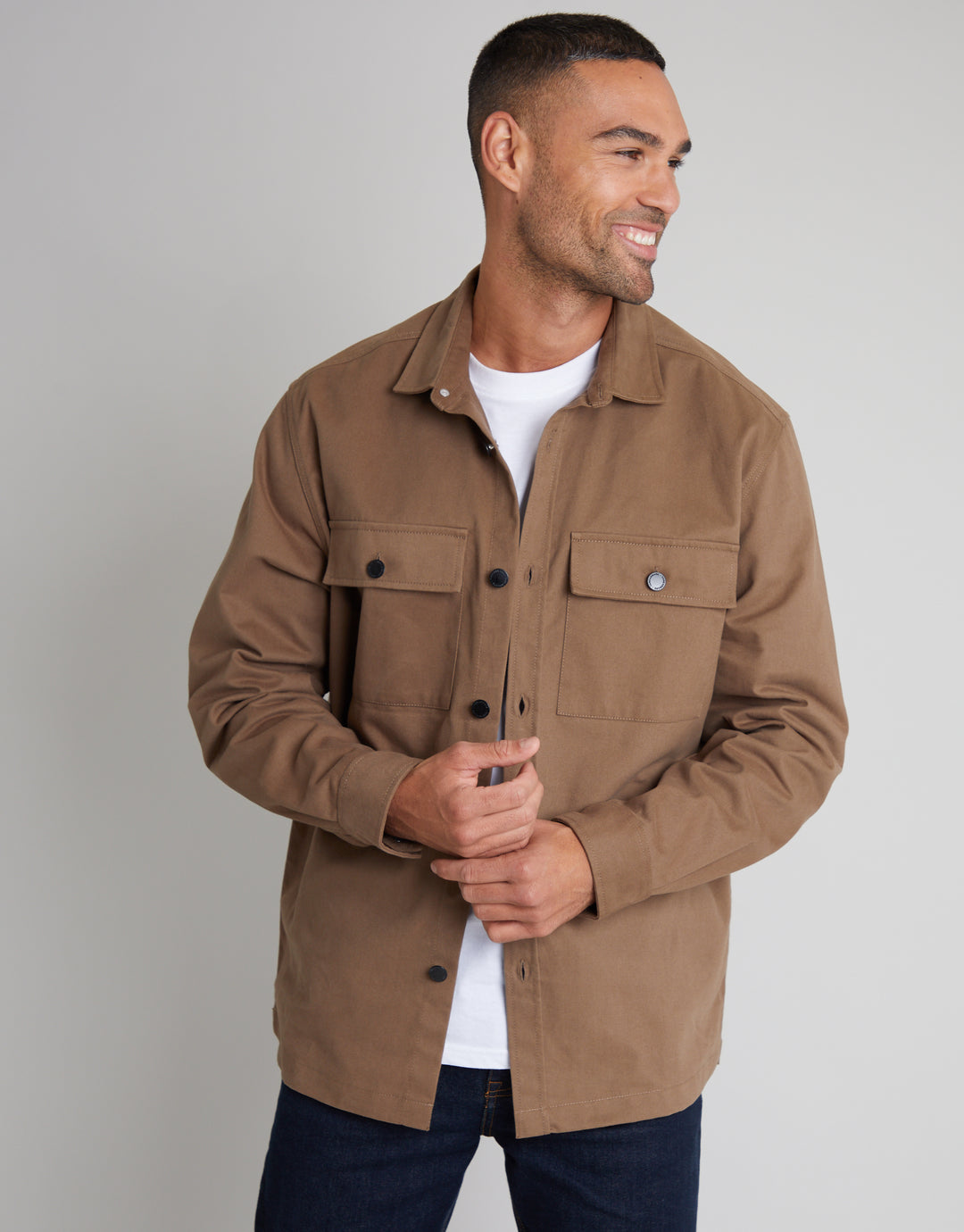 Brown Relaxed Fit Cotton Twill Button Up Shacket