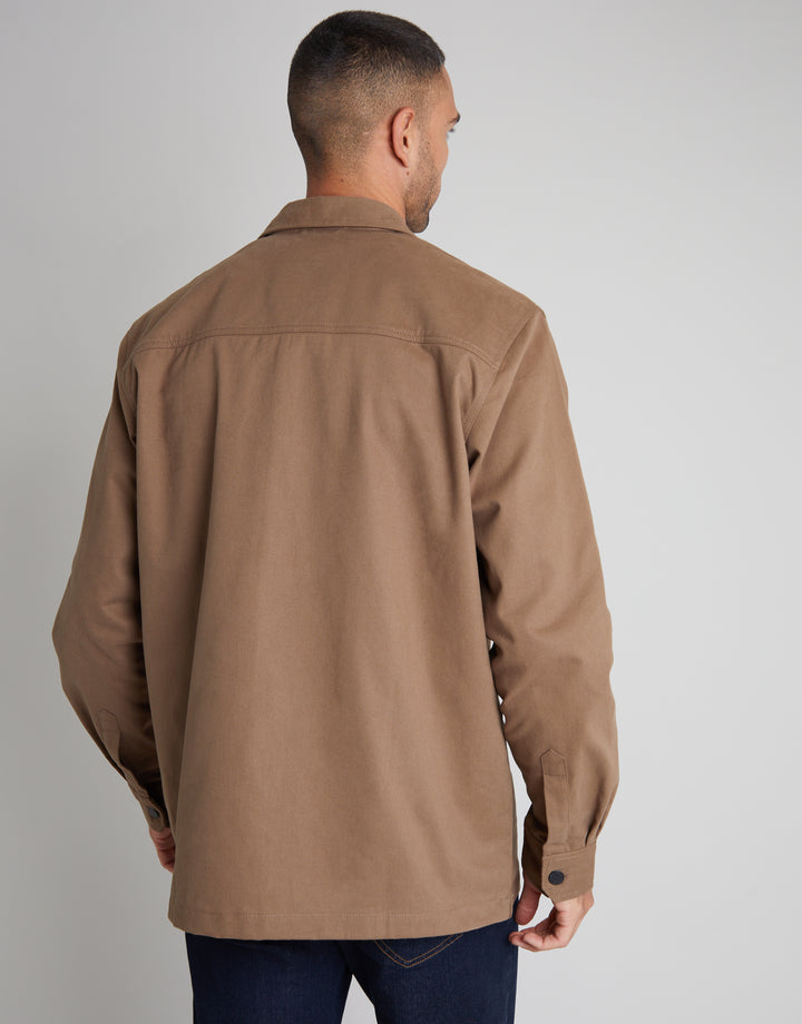 Brown Relaxed Fit Cotton Twill Button Up Shacket