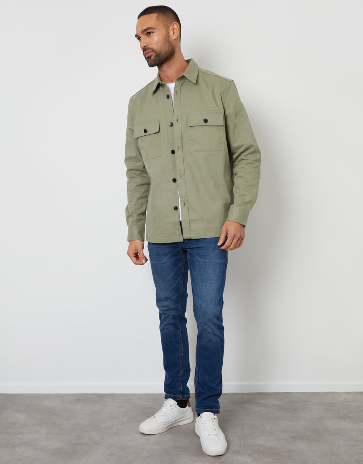 Sage Green Relaxed Fit Cotton Twill Button Up Shacket
