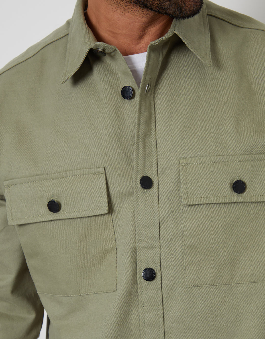 Sage Green Relaxed Fit Cotton Twill Button Up Shacket