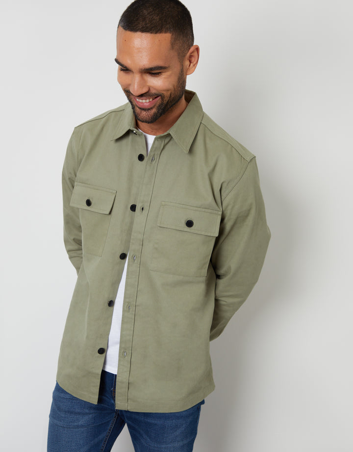 Sage Green Relaxed Fit Cotton Twill Button Up Shacket