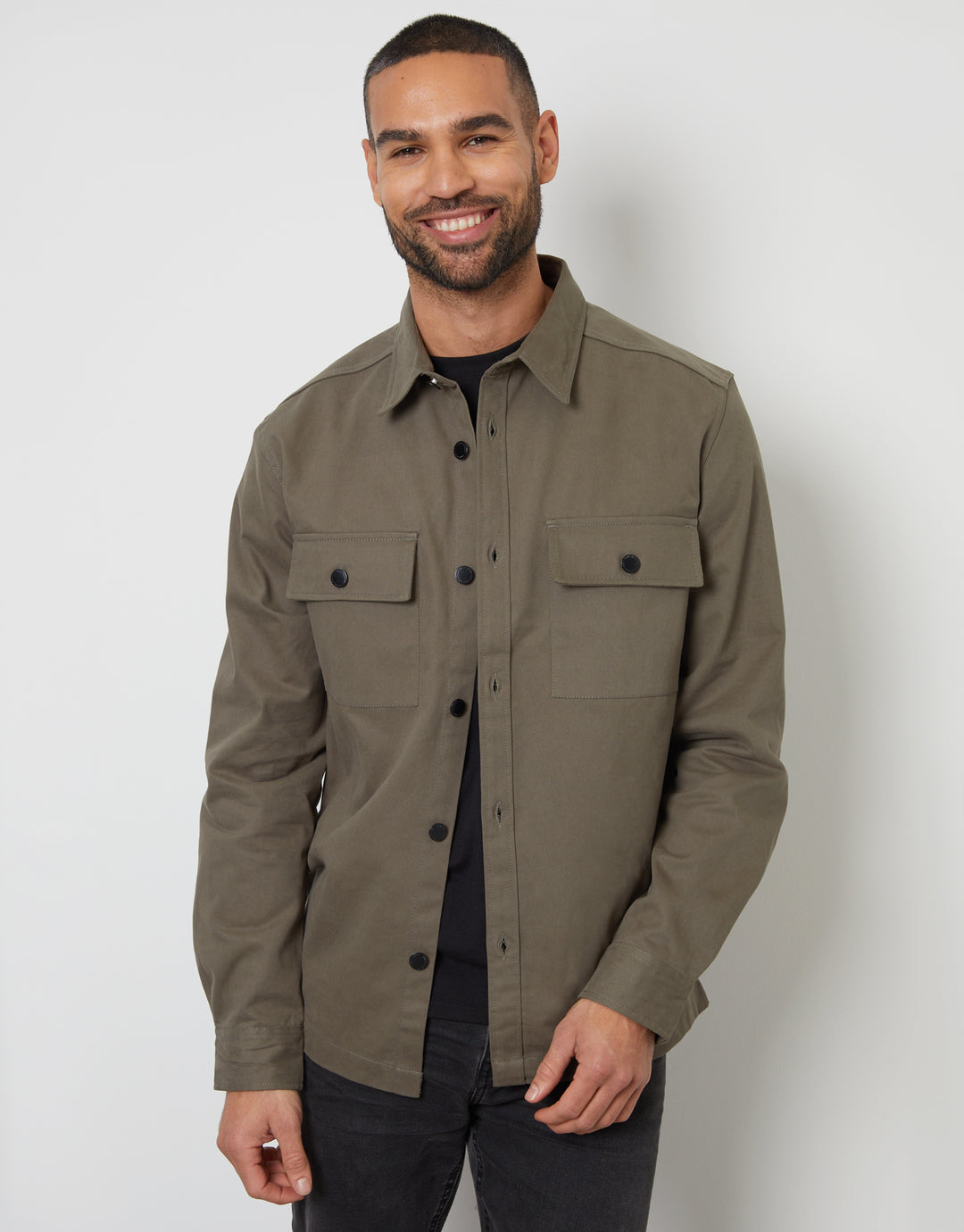 Olive Green Relaxed Fit Cotton Twill Button Up Shacket