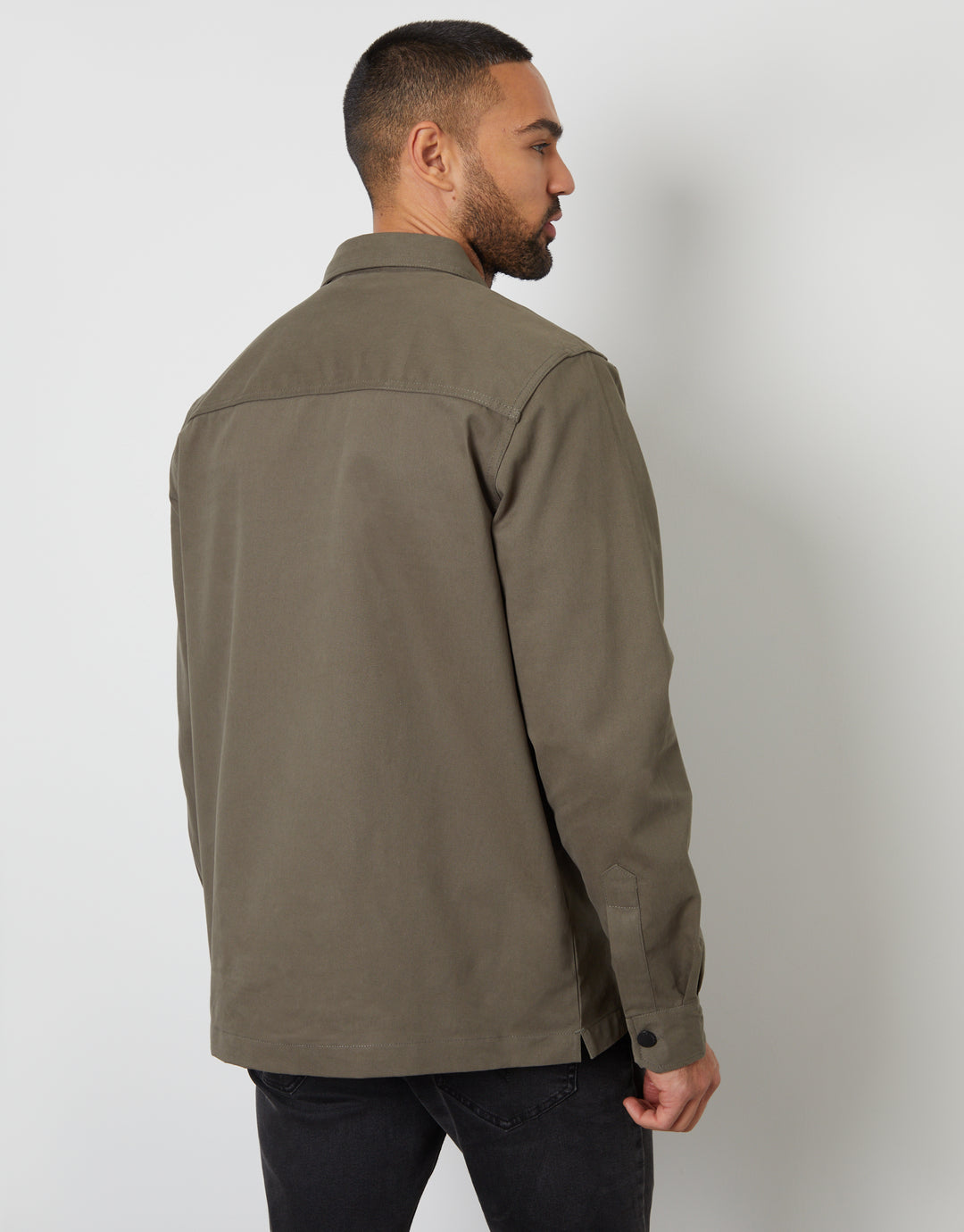 Olive Green Relaxed Fit Cotton Twill Button Up Shacket