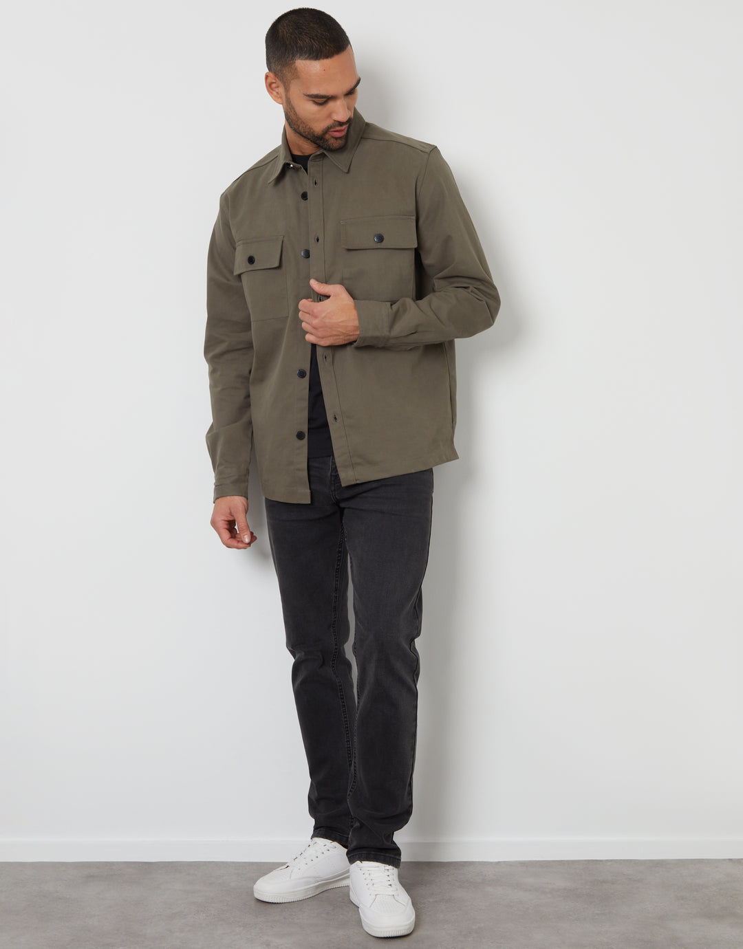 Olive Green Relaxed Fit Cotton Twill Button Up Shacket