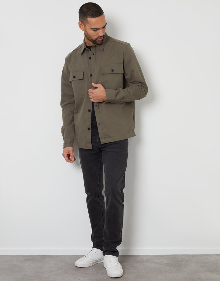 Olive Green Relaxed Fit Cotton Twill Button Up Shacket