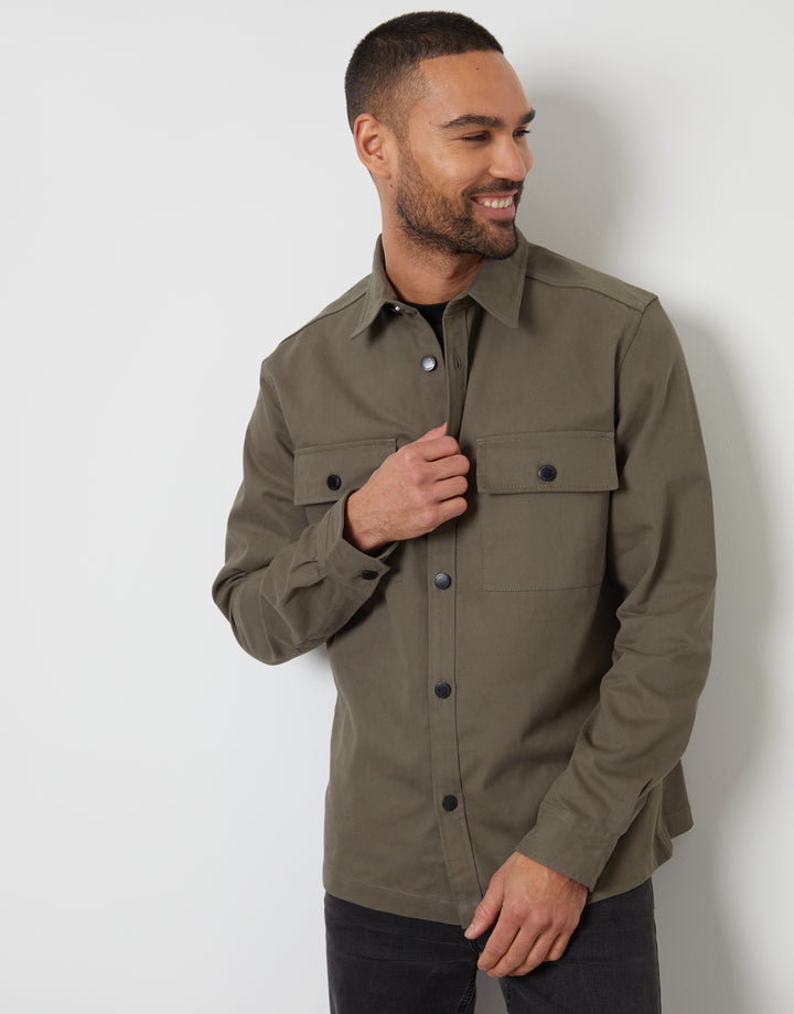 Olive Green Relaxed Fit Cotton Twill Button Up Shacket