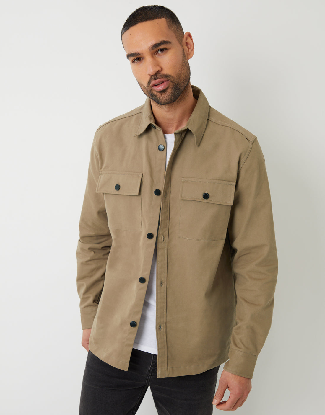 Men's Stone Cotton Twill Button Up Shacket – Threadbare