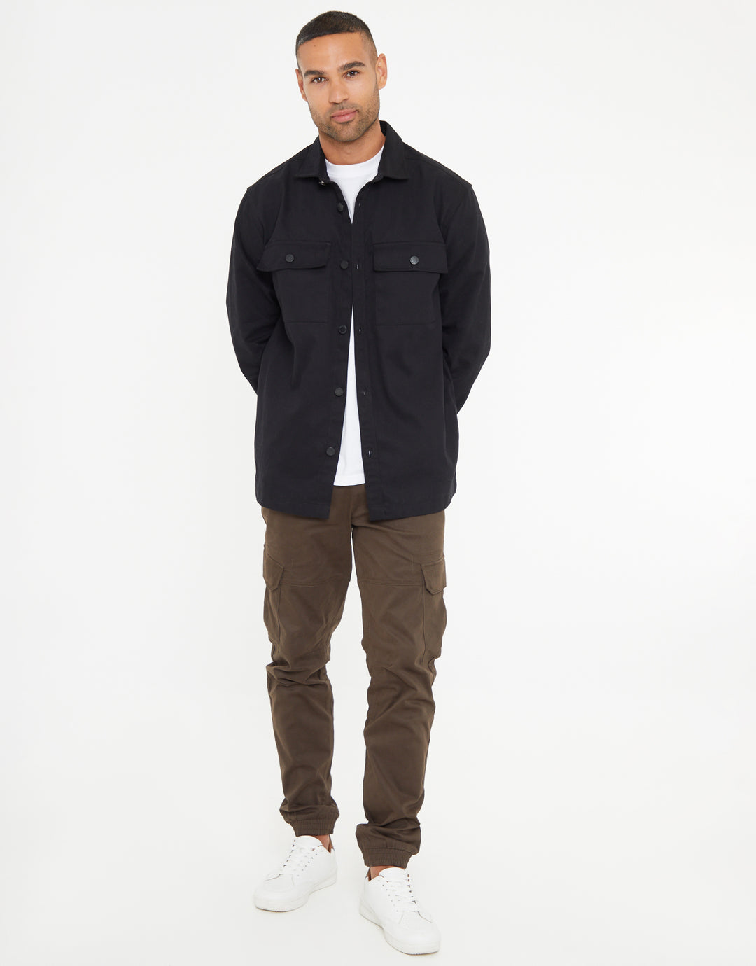 Black Relaxed Fit Cotton Twill Button Up Shacket