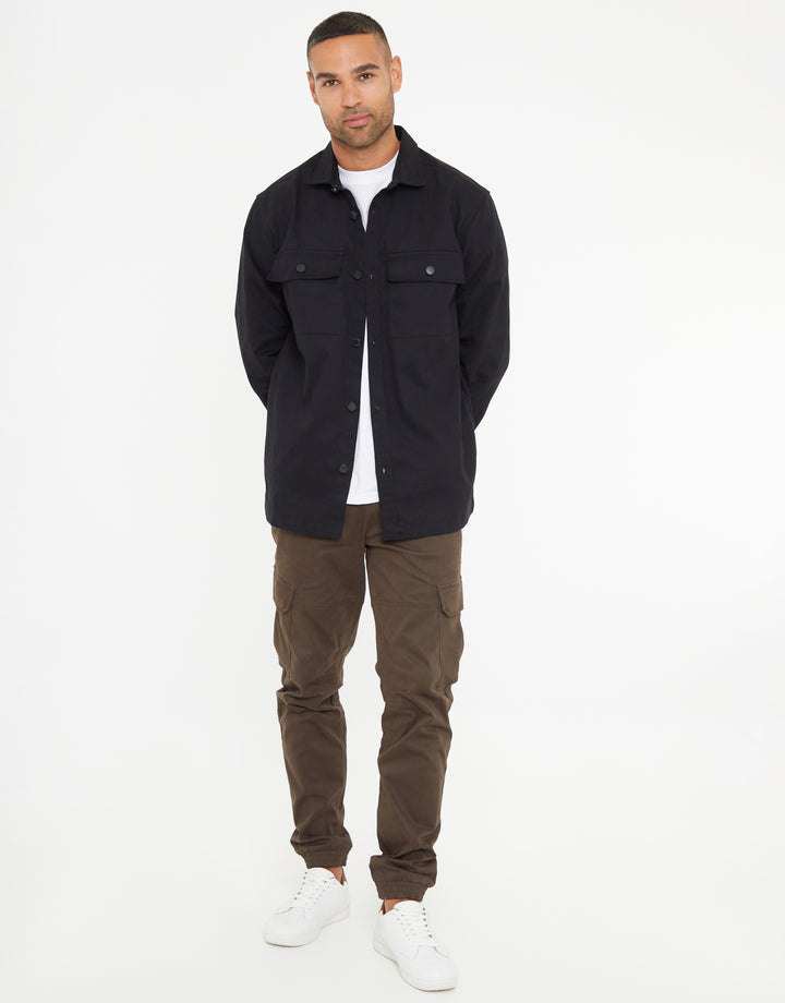 Black Relaxed Fit Cotton Twill Button Up Shacket