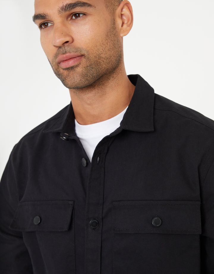 Black Relaxed Fit Cotton Twill Button Up Shacket
