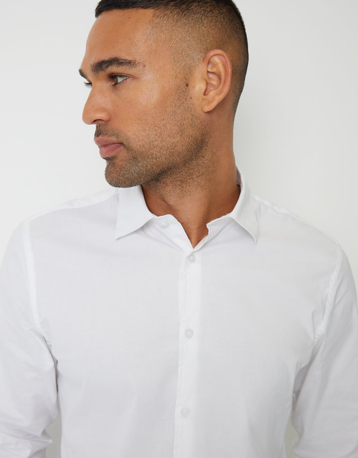 White Stretch Cotton Poplin Long Sleeve Shirts (3 Pack)