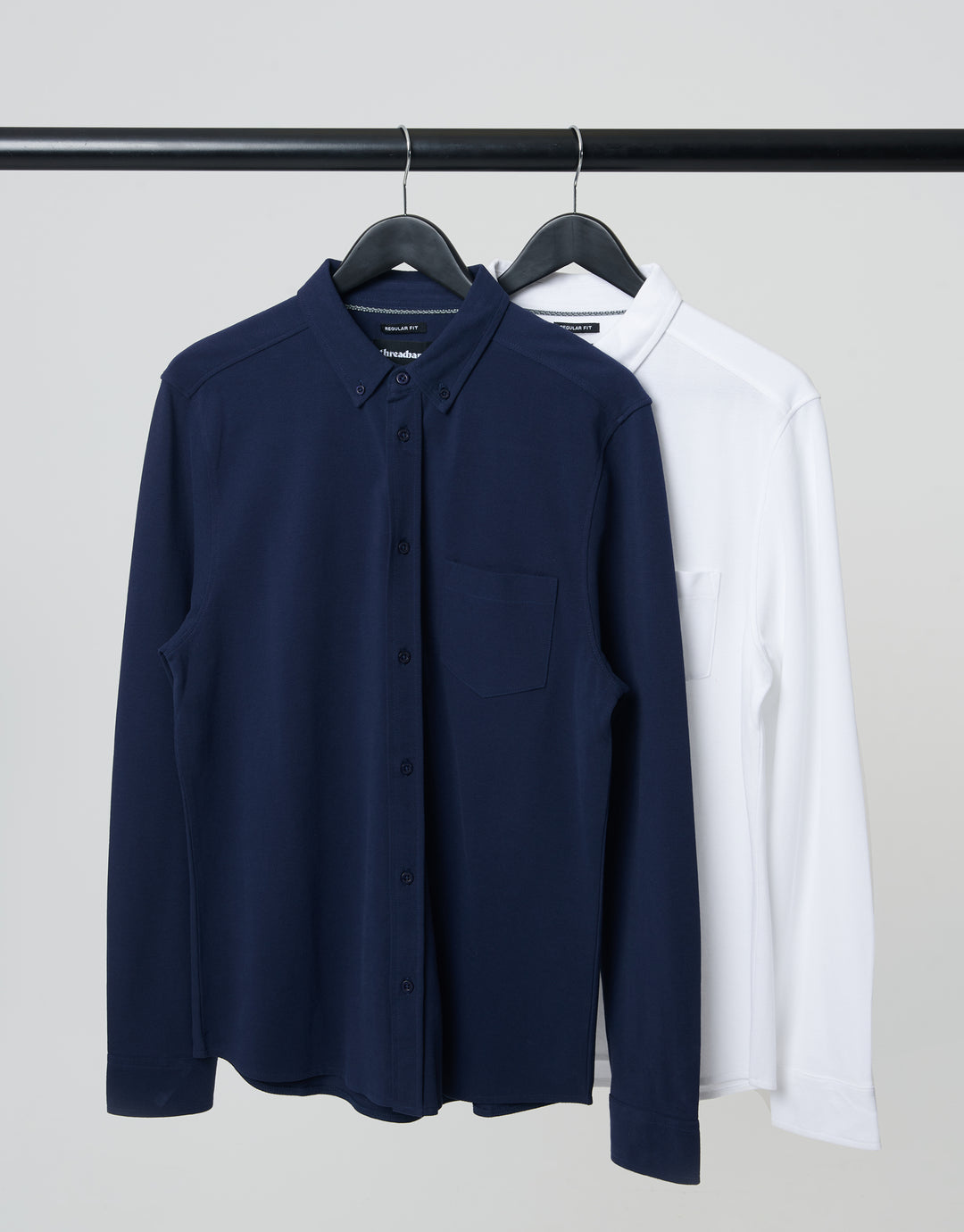 White & Navy Cotton Pique Jersey Long Sleeve Shirts (2 Pack)