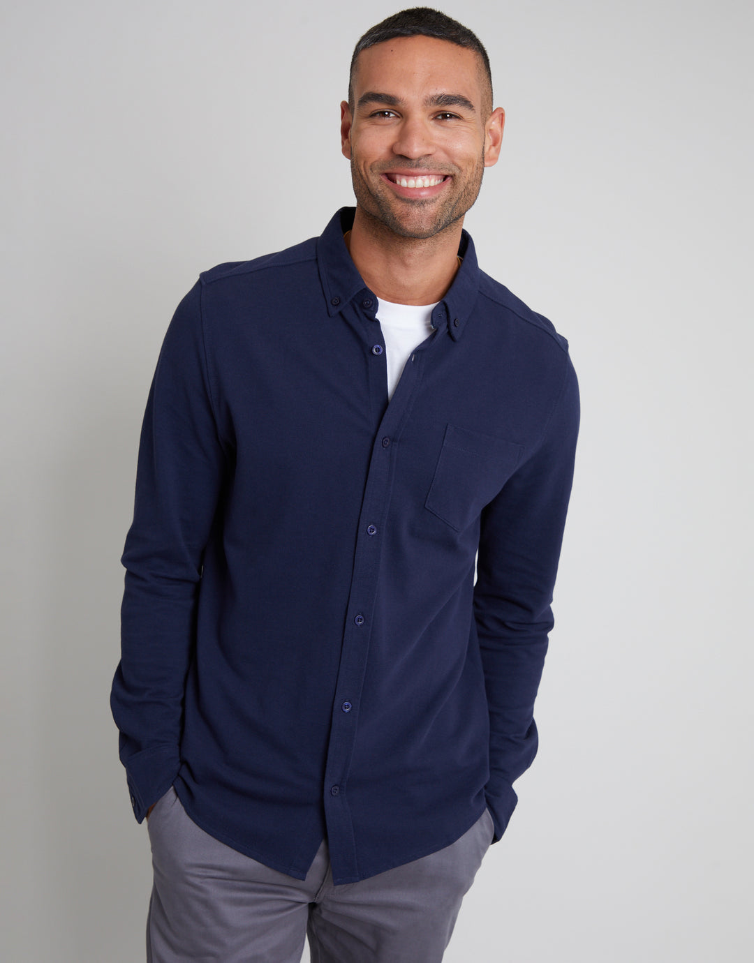 White & Navy Cotton Pique Jersey Long Sleeve Shirts (2 Pack)