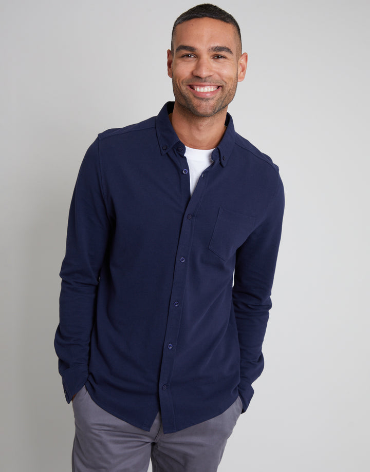 White & Navy Cotton Pique Jersey Long Sleeve Shirts (2 Pack)